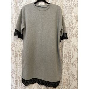 Zara Trafaluc Gray Knit Tunic Sweater Scallop Lace Trim Short Sleeve Womens M